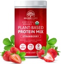 Fresa - Polvo de proteínas de origen vegetal, mezcla de proteínas, pólvora de proteínas con vitaminas " minerales, 20g de proteínas " , Perfil de aminoácidos completos, pólvora de proteína vegana