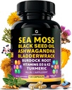 Sea Moss Capsules – 17 en-1 Blend con aceite de semilla negra Ashwagandha Bladderwrack Burdock Root Turmeric Vitamina D3 K2 C para el bienestar diario – Suplemento multimineral para hombres y mujeres – 120 Conde