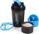 Botella de Shaker - Protein Shaker Cup con Compartimientos de Almacenamiento - Botellas de afeitado resistentes al pico con Mixer para mezclador de espuma-500ML/16oz (BLUE & BLACK)