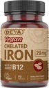 Deva Nutrición Vegan Hierro Chelatado 29 mg Fortificado con B-12 - Alta Potencia, Fácil de Tragar - 90 Tabletas, 1-Pack