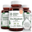 Natural Nutra Zinc Picolinate 30 mg, doble fuerza, crudo y puro, suplemento altamente biodisponible para el crecimiento y el apoyo a los inmunes, ayuda a apoyar el sistema metabólico, disminuir el colon común 250 cápsulas