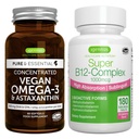 Vegan Omega-3 + Super B12-Complex 1000mcg Vegan Bundle, EPA sostenible & DHA Algae Oil 1340mg + alta absorción Sublingual Vitamina B12 Con Methylcobalamin, Adenosylcobalamin & Hydroxocobalamin, por I