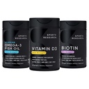 Investigación Deportiva Triple Fuerza Omega 3 Burpless Fish Oil 1250mg de Wild Alaska Pollock, Vitamina D3 5000 UI con Coconut MCT Oil (125mcg) y Vegan Biotin 5000mcg Vitamina B7-30 Softgels Cada uno