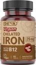 DEVA Hierro Chelatado Vegano con vitamina B-12 adicional, Suplemento dietético, 29 mg, 90 conteo