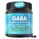 Suplemento GABA - 1000 mg Forma Liposómica para la Absorción Optimal, GABA con L-Theanine, Magnesium Glycinate, 5HTP, Vitamina D3 para la calma, la relajación, el humor, la noche de descanso - Melatonina-Free 120 Softgels.