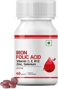 Suplemento de ácido fólico de hierro con vitamina C, E, B12, Zinc &amp; Selenium para hombres mujeres - 60 tabletas