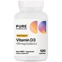 PureFormulas Vitamina D3 5.000 UI 125 mcg - Suplemento Puro de Vitamina D para la Formación Sanitaria de Huesos, Dientes, Salud Cardiovascular y Apoyo Inmunitario No GMO - 120 Conteo
