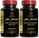 L-LYSINE Suplemento Amino ACIDS - Complejo de Suplemento Inmuno, apoya la absorción de calcio, promueve la integridad de la piel " , Aminoácidos Naturales - 2 Botellas 200 Condes