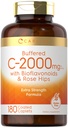 Carlyle Buffered Vitamin C TENIDO 2000mg TENRI 180 Caplets TENIDO CON Bioflavonoides y Rosa HIPS TEN VÍgetariano, No GMO y Gluten Suplemento Libre