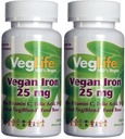 VegLife Vegan Iron 25 mg  Plus Vitamina C, Folic Acid, B-12 y VegiBlend Food Base ← Plant Based Iron Supplement for Women &amp; Men ← 100 Tablets ⋅ Pack of 2