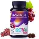 Suplemento de hierro de LIVS para niños con vitamina C, A, B3, B5, B6, B12, Biotina, Zinc &amp; Folate ← Non-GMO, Gluten Suplemento gratuito de Chewable como Gummy for Energy Boost &amp; Anemia Support - 60 Conde
