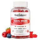 Gummies de hierro para niños " adolescentes " , Multivitamina para niños con suplemento de hierro, Complejo de vitamina B, A, C, D3, calcio, zinc, DHA, Prebiótico, Constructor de sangre " Apoyo energético para la deficiencia de hierro, Vegan, 60 Ct