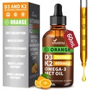 Vitamina D3 K2 gotas, D3 20000 UI & K2 como MK-7 400mcg con Magnesio, Calcio, Zinc &amp; Omega 3 para inmuno*, Mood*, Bone* Health, Orange Flavor Vitamin D Liquid Drops Suplemento 1 Bottle/2 onzas