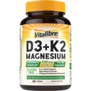 Vitalibre Vitamina D3 K2 + Suplemento Magnesio, 10000 UI Vitamina D3 &amp; 100 mcg K2, con Magnesium Glycinate, Bone, Tientes, Immune & Energy Support, High Absorption, Non-GMO, Easy to Swallow, 60 Softgels