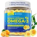 Vegan Omega-3 Gummies 1000mg +CoQ10+Magnesium- EPA 600mg & DHA 400mg, Fish Oil Omega 3 Suplementos Alternativa para Mujeres Hombre Adultos- Forma Liposómica -Algae- Plant Sterols, Ajo,B6,B9, B12, Sugar Gratis