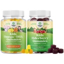 Bundle of Kids DHA Omega 3 Gummies - Fish Free with Vegetarian 6 9 for Vision Brain &amp; Immunity and Sambucus Elderberry Gummies for Kids - Black Elderberry with Zinc &amp; Vitamin C for Immune Support