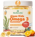 Niños Omega 3 Gummies 2 Pack, Vegan Algae DHA 420mg con PS, Vitamina D3 K2, Sugar Gratis, No Fish Oil, Brain & Focus Support for Kids, 120 Gummies
