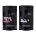 Sports Research® Glow and Flow Pack - Omega-3 Krill Oil 500mg - Pure Antarctic Superba Krill with Phospholipids, Choline " Astaxanthin " Biotin 10,000mcg with Organic Coconut Oil (Vitamin B7)