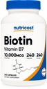 Nutricost Biotina (Vitamin B7) 10,000mcg (10mg) Suplemento de vitaminas, 240 cápsulas - Vegetariano, sin gluten, lanzamiento rápido, no GMO