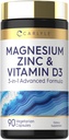 Carlyle Magnesium Zinc and Vitamin D3 TENIDO 90 Capsules ANTE 3-en-1 Advanced Formula ANTE Vegetarian, Non-GMO y Gluten Free