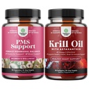 Bundle of PMS Support Supplement for Women – Hormone Balance for Period Cramps Ease, Menopause Bloating, Mood Swing and Krill Omega 3 Fish Oil Softgels 500mg - Concentrated Krill EPA & DHA Supplement