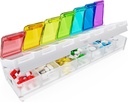 Organizador semanal de píldoras Fullicon 7 días de relleno rápido " caja de píldoras grandes diseñada con etiquetas gratuitas Organizador de medicina de viajes para la medicina, vitamina, aceite de pescado, suplemento (Rainbow Clear)