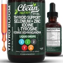 ThyroBloom Thyroid Support for Women Liquid Drops Iodine L-Tyrosine Selenium Copper Ashwagandha Zinc Kelp Bladderwrack Schisandra Guggul Turmeric Vitamina A D3 B12 Folate Suplemento por Clean Nutra 4oz
