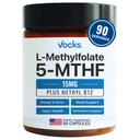 Vocks L Methylfolate 15mg 5-MTHF + Methyl B12 ← High Potency Methylfolate Supplement ← Active Methylated Folate Vitamin B9 ← MTHFR Suplemento permanente Folate Suplemento para Mujeres y Hombres TEN 90 cápsulas