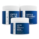 Opti+ Bono & Conjunto de Salud Bundle - Vitamina D3 K2, rTG Omega-3 &amp; Vitamina C Complemento ← Soporta Densidad ósea, bienestar conjunto " producción de colágeno*