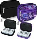 Serfeymi Caja de píldoras de viaje semanal para fines con caja extraíble de 7 días, caja de píldoras de viaje de moda Organizador de píldoras para la medicina, vitamina, suplemento - Negro 01 + púrpura 01