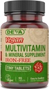 DEVA Suplemento Mineral libre de hierro vegano, vitamina C, D2, E &amp; B-Complex, Biotina, 90 Tiny Tablets