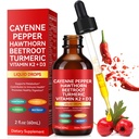 Cayenne Pepper Drops, Cayenne Pepper Hawthorn Beet Root Turmeric Vitamin K2 & D3 Liquid Supplements, Includes Hawthorn, Beet Root & Turmeric, 60ML