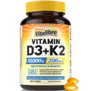 Vitalibre Vitamin D3 K2 Supplement, 10000 IU D3 / 200 mcg K2 MK7, Calcium Absorption, Bone, Heart, Immune & Mood Support, Enhanced Absorption, No Soy, Easy to Swallow, 60 Softgels