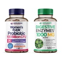 Wholesome Wellness Dr. Formulated Raw Probiotics for Women 100 Billion CFUs + Digestive Enzymes 1000MG Plus Prebiotics & Probiotics Supplement Bundle