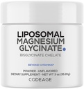 Codeage Magnesium Glycinate Powder Supplement, 2-Month Supply, Bisglycinate Magnesium Chelate, Desflavored, Liposomal Delivery, Chelated Magnesium Powder Mineral, Non-GMO Vegan, 3 oz