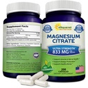 aSquared Nutrition Magnesium Citrate 833mg Suplemento - 200 Capsules - Max Strength Vegan Mag Citrate Powder píldoras para apoyar la función pura de los músculos, los huesos del corazón - Ayuda a aumentar la energía
