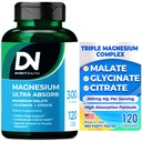 Divinity Nutra Triple Magnesium Complex Supplement,300mg of Magnesium Glycinate, Malate " Citrate for Muscles, Nerves, " Energy, High Absorption, 120 Vegan Capsules,Non-GMO USA Made