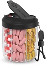 Dispensador de píldoras con 7 grandes componentes, organizador de botellas 4.4" H x 3.6" Dia para viajar, organizador de suplementos con diseño anti-Mixing, contenedor de píldoras libres de BPA con etiquetas de 20 piezas, negro