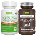 Culturas en vivo+ Lab4 Probióticos + Alta Absorción Curcumina C3 Complejo Vegan Bundle, 25 Billones CFU Probiótico, Prebiótico no hinchable + 300% Curcuminoides de Absorción Mayor con Rápida, por Igennus