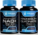 Magnesium Glycinate Capsules - 750mg - Suplemento Magnesium High Absorption Suplemento  NAD Suplemento, 1500mg - Liposomal NAD+ Suplemento con Resveratrol