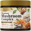 Mushroom Suplementos de Polvo 2200mg - 11 en 1 Complejo de Fórmula Polvo con Leones Orgánicos Mane, Reishi, Cordyceps, Chaga, Turquía Extracto de Mushroom para Memoria &amp; Apoyo Cerebral - 60 Servimientos