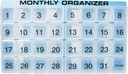 Organizador de píldoras mensuales Silencioso 31 compartimentos, 1 por día, 4 semanas Mes completo 31 Día Organizador de píldoras Incluye bandeja y 8 compartimentos extraíbles