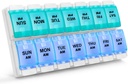 Sukuos AM PM Organizador semanal de 7 días, 2 veces una caja de píldoras de día con artritis botón de empuje amigable, casos de medicina para aceite/suplementos de vitamina/Fish, fácil de limpiar (Cyan manzana)