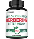 Berberine 1500mg Suplemento con Ceilán Orgánico Barco de canela &amp; Bitter Melon - 240 cápsulas Vegan para 80 servidumbres - Sistema inmunológico, Salud del corazón, Manejo del cuerpo > Apoyo a la digestión
