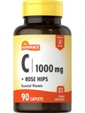 Sundance Vitamina C 1000mg con Rosa HIPS ← 90 Caplets Vegetarianos ← Vitamina Esencial Silencio Vegetariano, No GMO, y Gluten Suplemento Libre