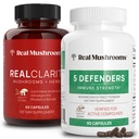 Real Mushrooms RealClarity (60ct) and 5 Defenders (90ct) Capsules Bundle - Mushroom Supplement for Mental Clarity, Focus &amp; Immune Strength - Vegan, Non-GMO, Verified Levels of Beta-Glucans