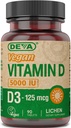 DEVA Vitamina D3 5000 UI, Suplemento Sunshine, 125 mcg de Vegan D3, Botella 90-Count