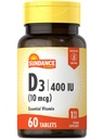 Sundance Vitamin D3 400 UI (10 mcg) Silencio 60 Tabletas Vegetarianas ← Vitamina Esencial Suplemento Silencio Vegetariano, No GMO, y Fórmula Libre Gluten