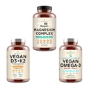 Complejo de Magnesio Premium AMANDEAN, Vegan Omega 3, Vegan D3+K2 Bundle. Soporte inmunológico basado en plantas. Algae DHA &amp; EPA. Sueño de calidad, Focus &amp; Mood. Soporte Corazón saludable, Cerebro, Juntas &amp; Ojos