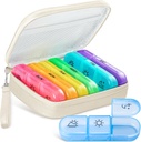 Organizador de píldoras lindo 3 veces al día, gran caja de píldoras diarias para las mujeres, caja de píldoras portátil 7 día para el placer con bolsa & cremallera para contener vitaminas, medicamentos, aceites de pescado, suplementos (Beige)